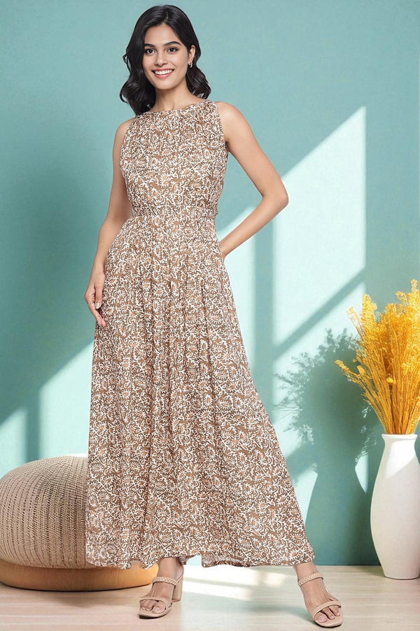 Brown Batik Printed Buttons Modal Flared Dress