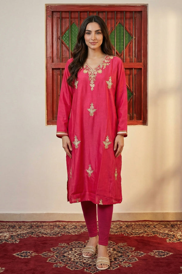 Aurelia Magenta Embroidered Zari Work Acrylic Blend Straight Kurta