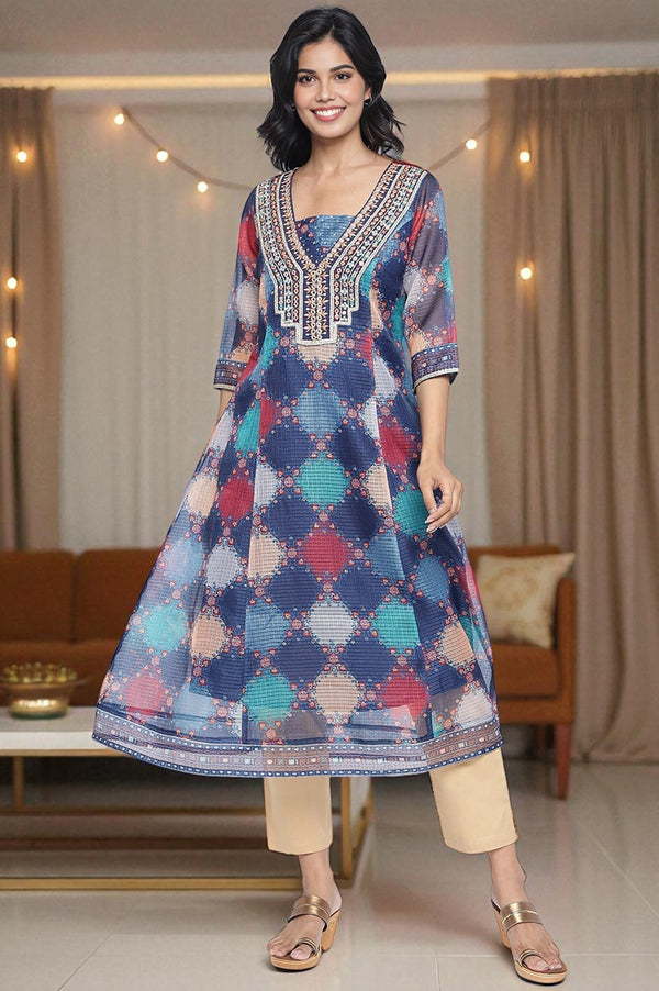 Navy Blue Digital Printed Zari Kota Flared Kurta