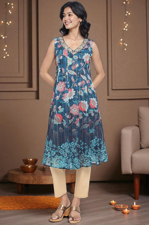 Teal Digital Printed Thread Embroidered Flared Georgette Kurta