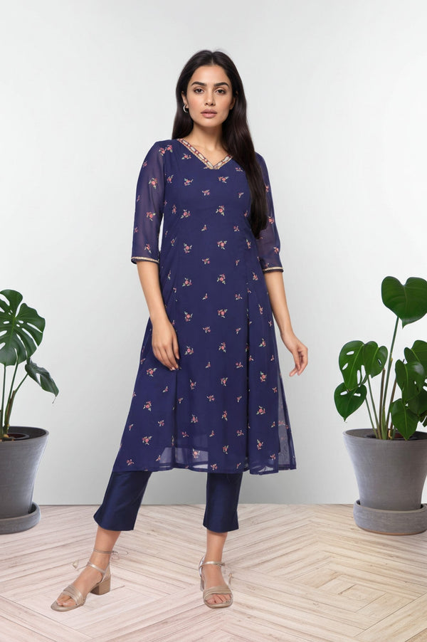Aurelia Navy Blue Embroidered A-Line Chiffon Kurta