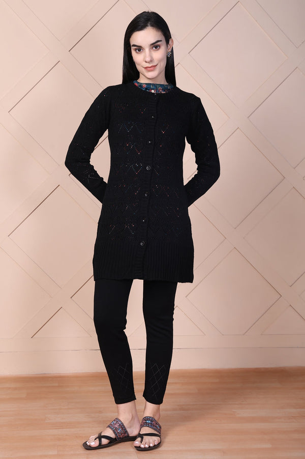 Black Geometric Printed Acrylic Straight Cardigan