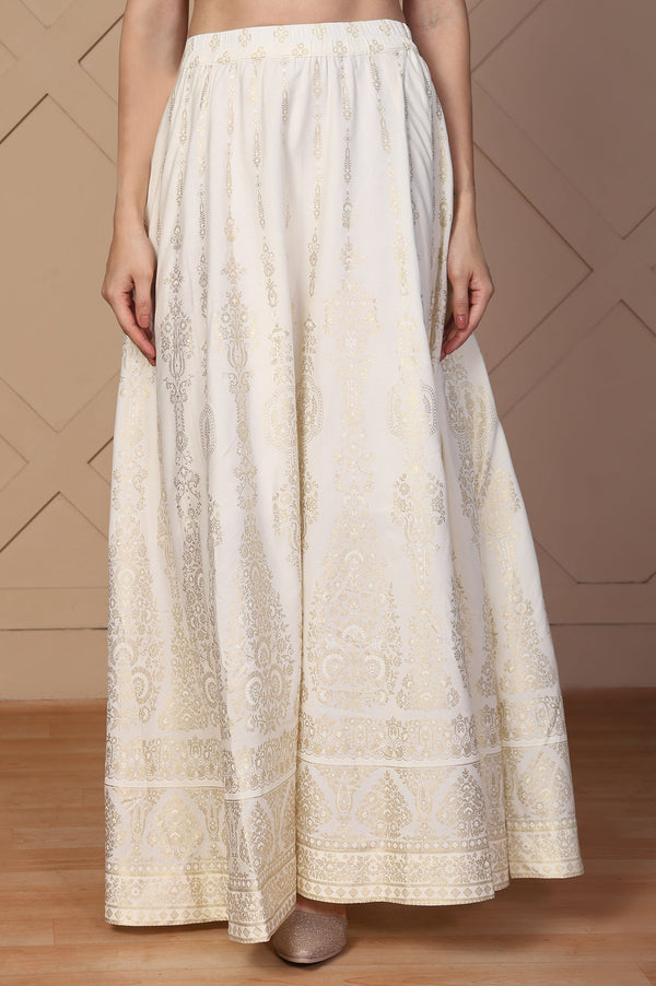White Ethnic Gold Print Flared American Crepe Skirt