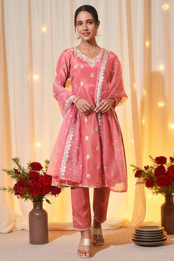 Coral Pink Zari Embroidered Anarkali Kurta, Trousers and Dupatta Set