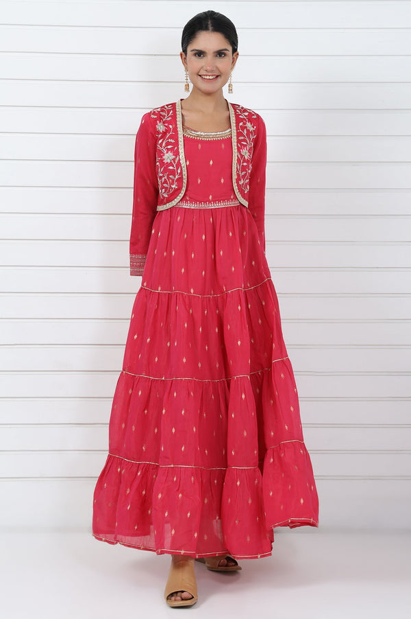 Pink Abstract Printed Dori Embroidered Jacquard Flared Dress And Jacket Set