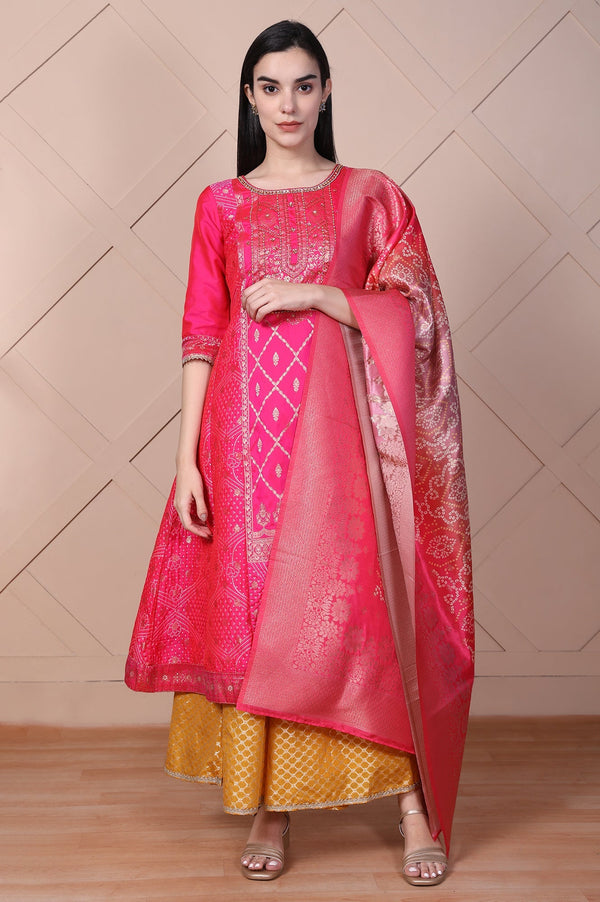 Aurelia Pink Ethnic Motifs Printed Zari Jacquard Flared Kurta, Sharara and Dupatta Set