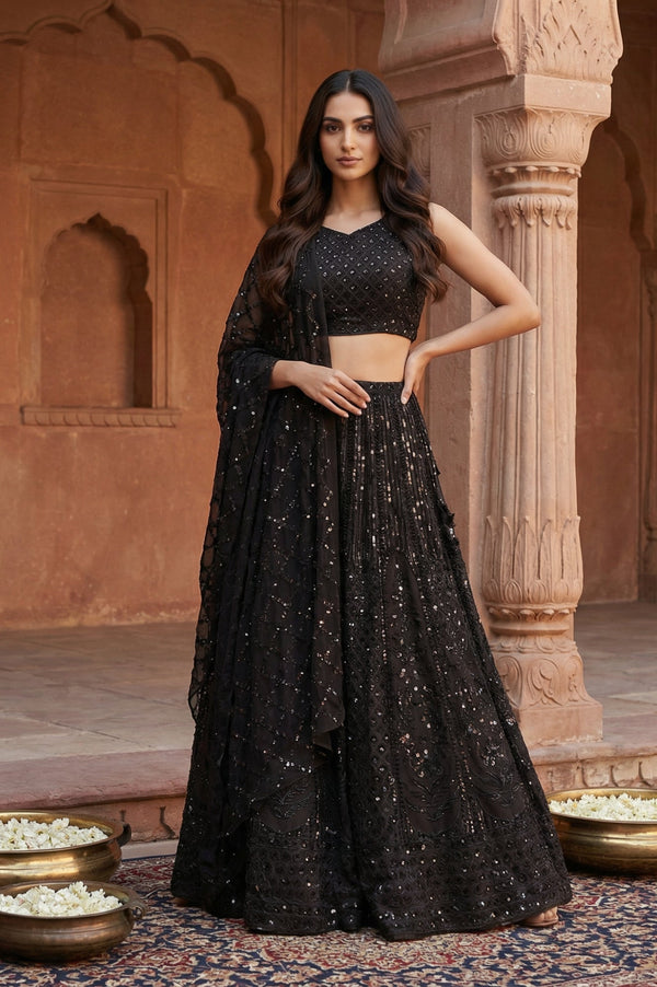 Aurelia Black Sequins Crop Top with Skirt and Dupatta Set