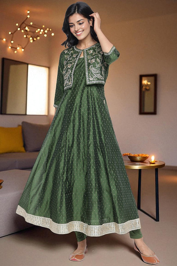 Green Dyed Printed Dori Embroidery Chanderi Butta Anarkali Kurta, Legging and Jacket Set