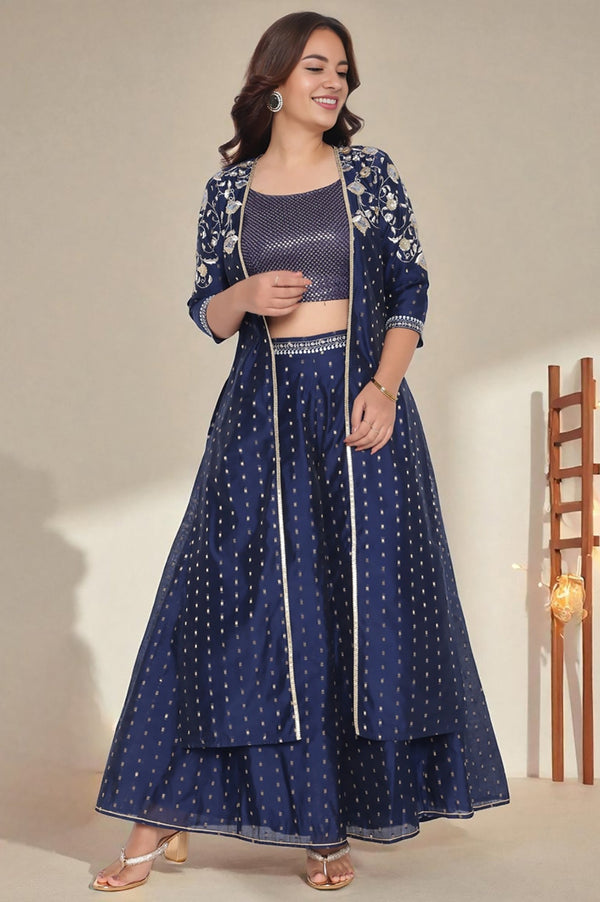 Navy Dyed Printed Sequins Georgette Straight Crop Top, Palazzo and Jacket Set
