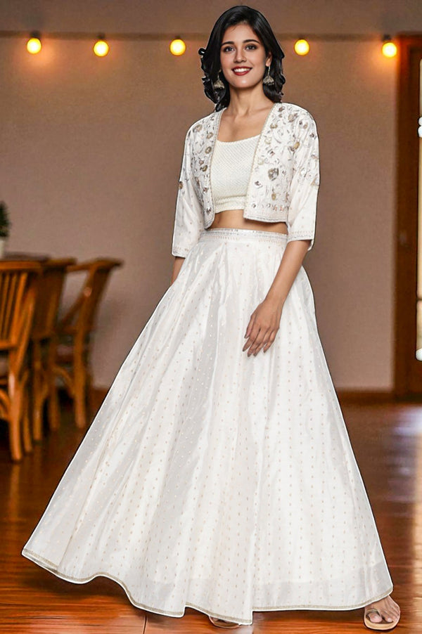 Off White Dyed Printed Sequins Georgette Straight Crop Top, Skirt and Jacket Set