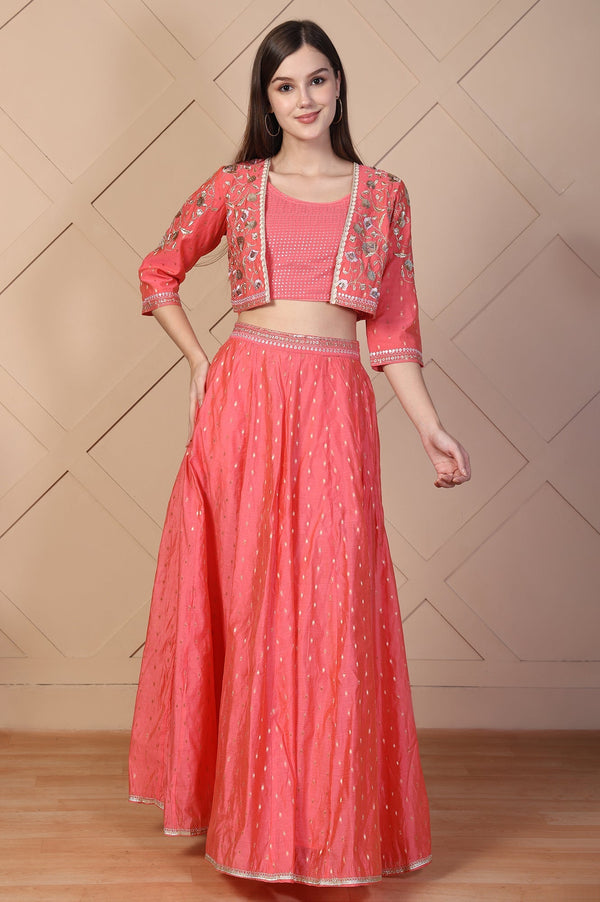 Coral Sequined Crop Top with Flared Skirt and Embroidered Short Jacket Set