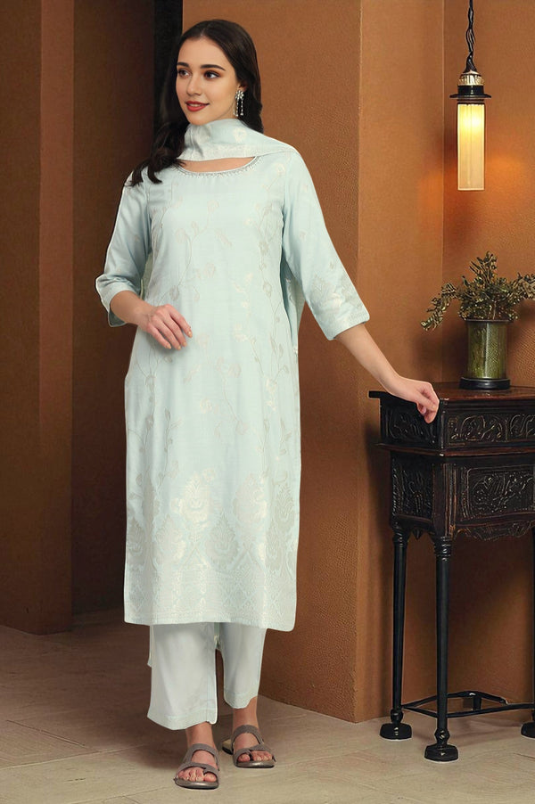 Sky Blue Solid Bead Embellished Straight Cotton Blend Kurta, Palazzos and Dupatta Set