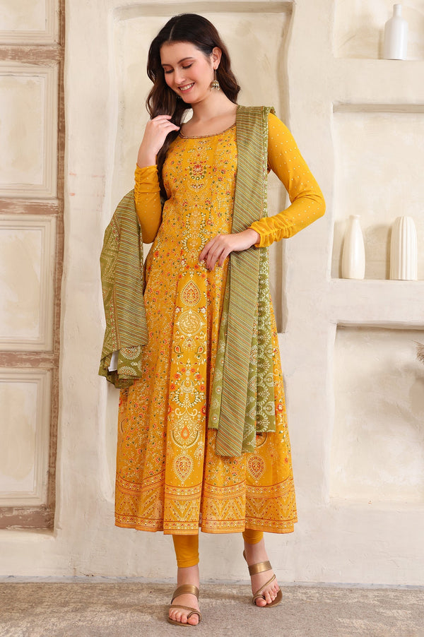 Yellow Floral Printed Hand Work Straight Georgette Kurta, Tight and Dupatta Set