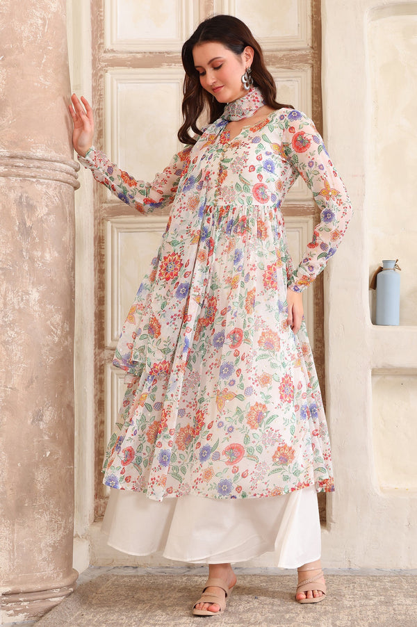 White Floral Printed Buttons Straight Kurta, Palazzo and Dupatta Set