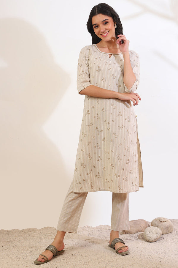 Beige Printed Cotton Blend Straight Kurta & Trousers Set