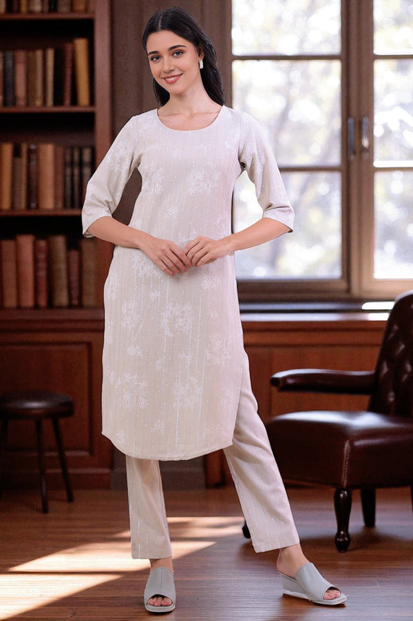 Beige Printed Cotton Blend Straight Kurta & Trousers Set