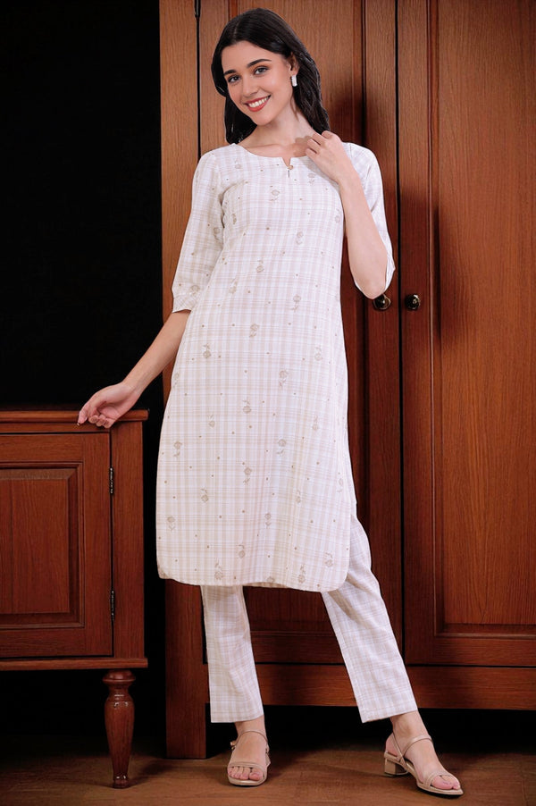 Beige Printed Cotton Blend Straight Kurta & Trousers Set