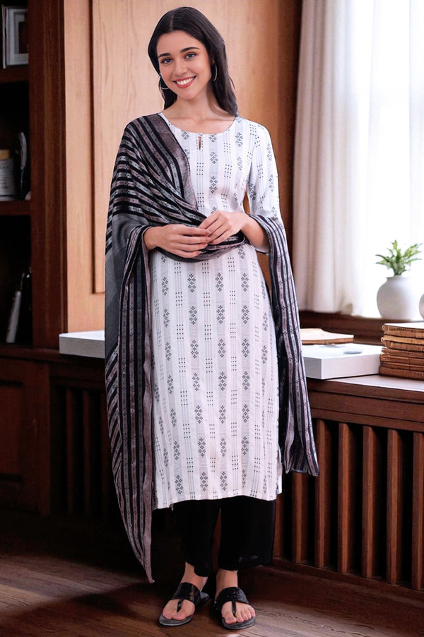 White Yarn Dyed Rayon Straight Kurta With Palazzos & Dupatta Set