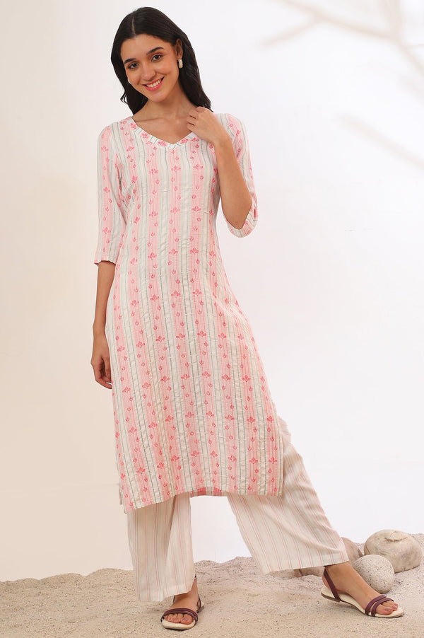 Beige Printed Cotton Blend Straight Kurta & Trousers Set
