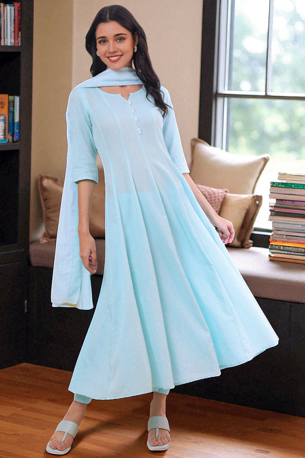 Blue Yarn Dyed Pure Cotton Anarkali with Leggings & Dupatta Set