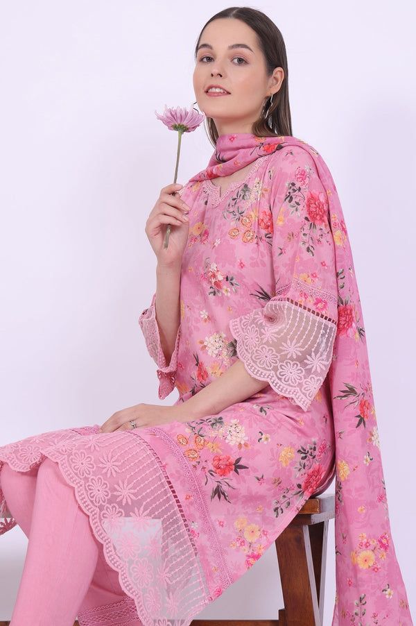 Pink Printed Asymmetrical Kurta with Trousers & Dupatta Set
