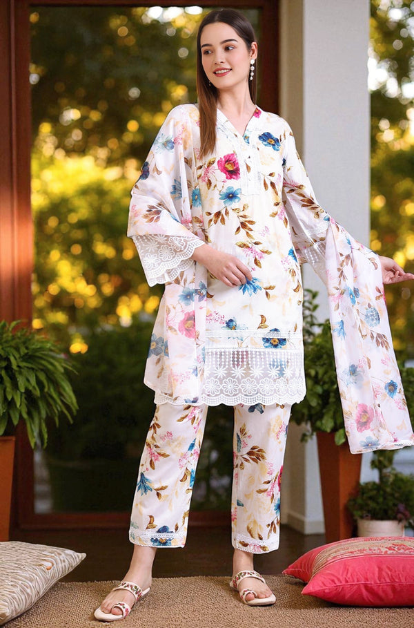 White Floral Printed Lace Polyester Straight Kurta & Trousers & Dupatta