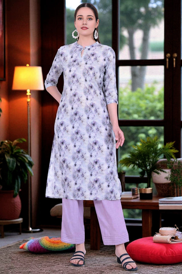 Purple Printed Pure Cotton Straight Kurta with Palazzo & Dupatta Set
