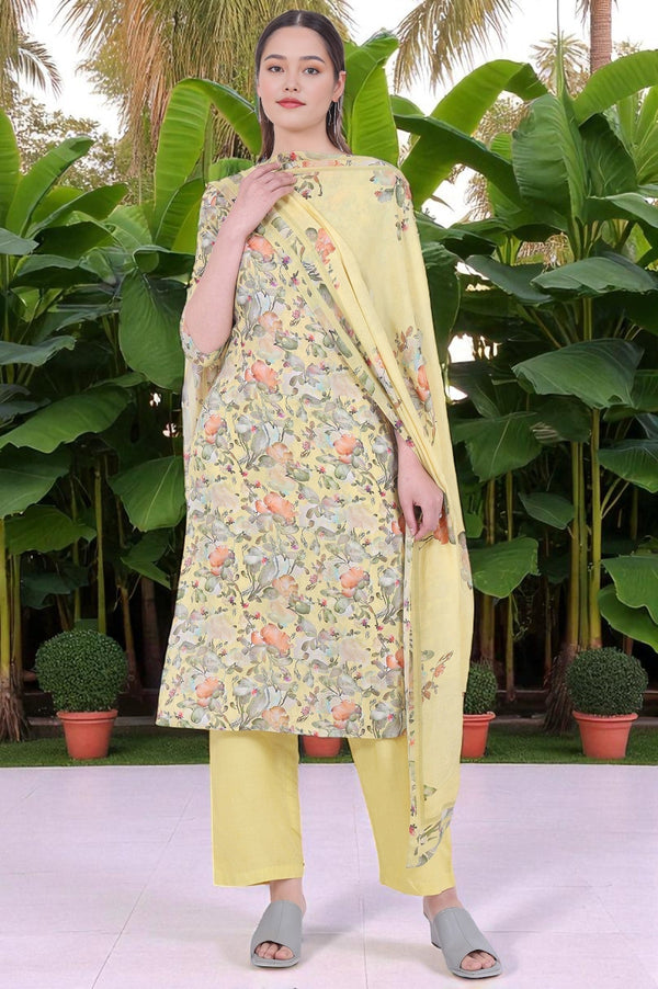 Yellow Printed Straight Kurta with Palazzo & Dupatta Set