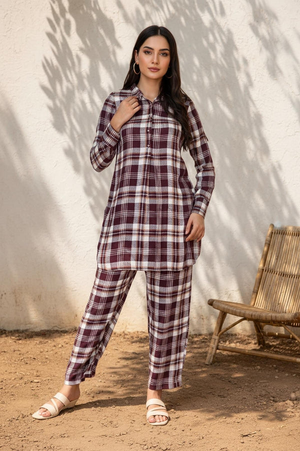 Maroon Checker Straight Rayon Kurta with Palazzo Co-ord Set