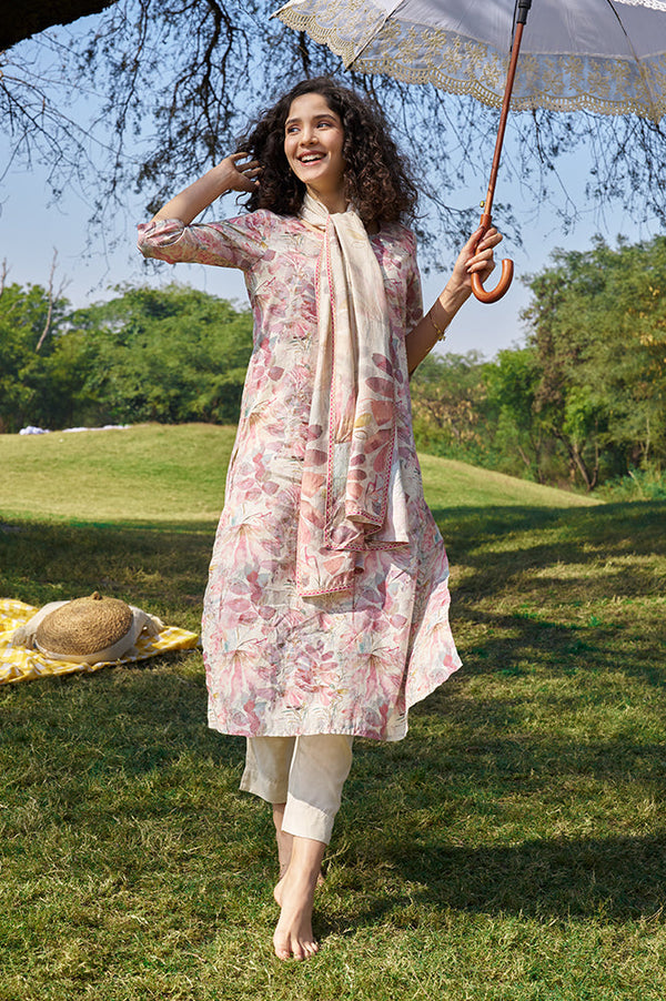 Dusty Pink Floral Printed Cotton Shimmer Straight Kurta, Trousers and Dupatta Set