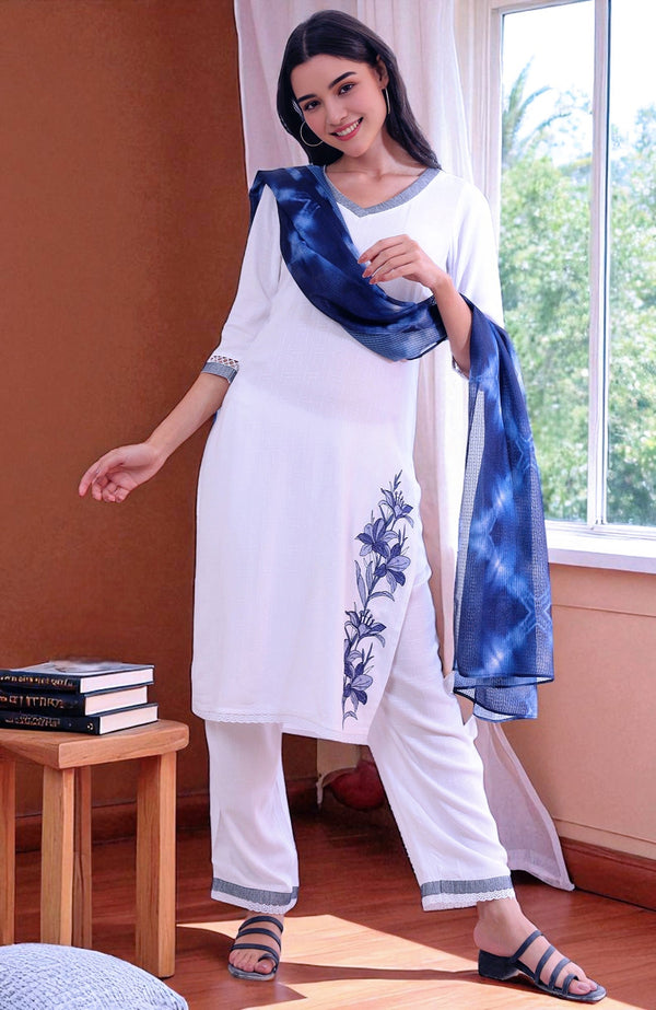 White Solid Straight Kurta with Palazzo & Dupatta Set