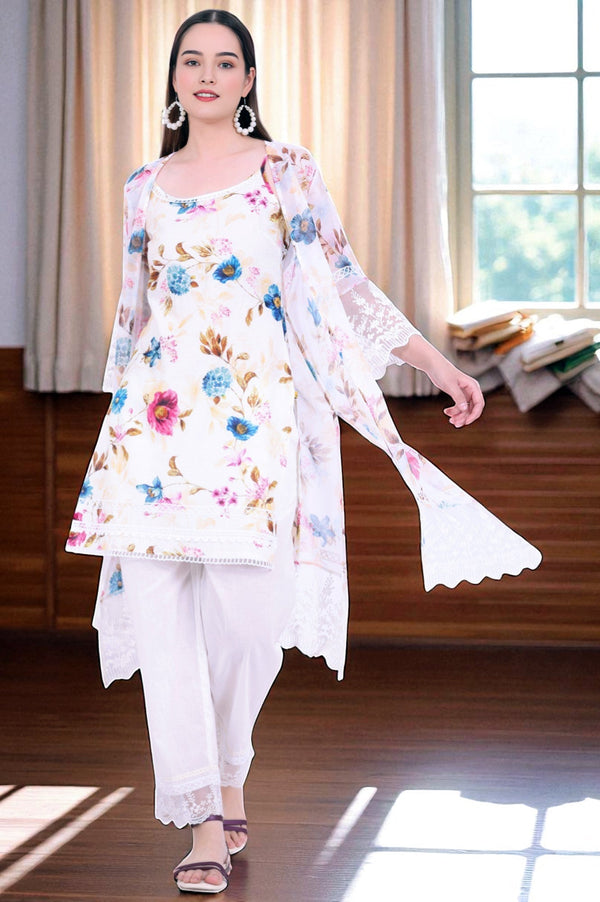 Aurelia White Printed Gillet Straight Kurta with Palazzo & Dupatta Set