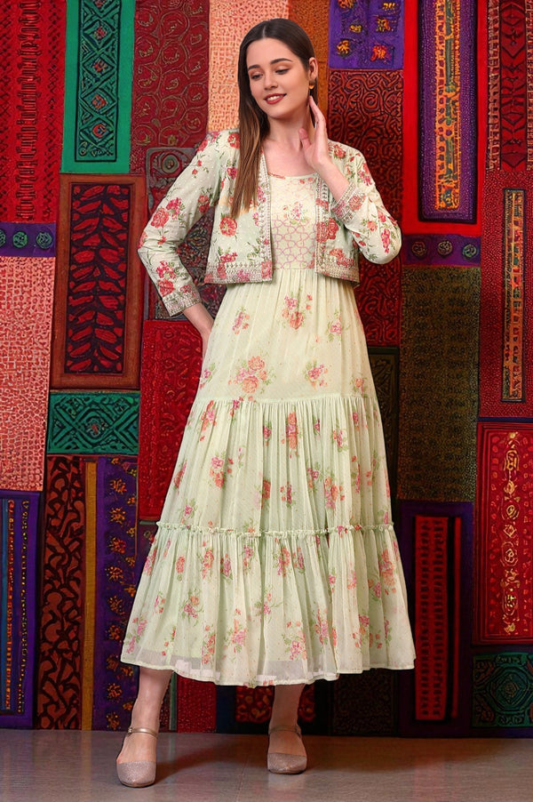 Green Floral Printed Tiered Spaghetti Dress and Short Jacket Set