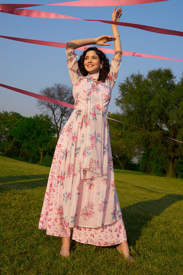 Purple Floral Printed Sheer Nyra Cut Kurta, Flared Palazzo and Stole Set