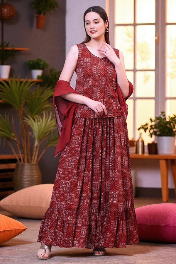 Brown Geometric Printed Pure Cotton Top, Skirt and Scarf Set