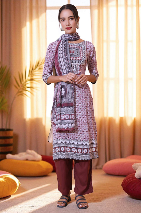 White and Purple Geometric Printed Modal Straight Kurta, Palazzo and Dupatta Set