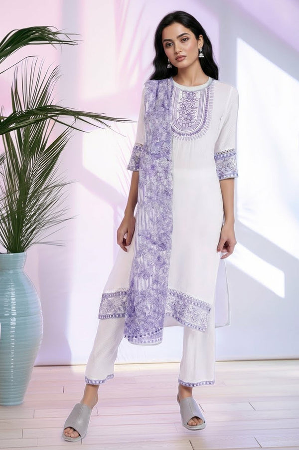 White Embroidered Straight Kurta with Palazzos & Dupatta Set
