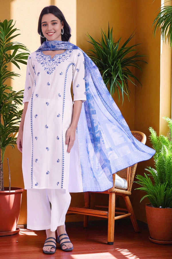White Embroidered Pure Cotton Straight Kurta with Palazzos & Dupatta Set