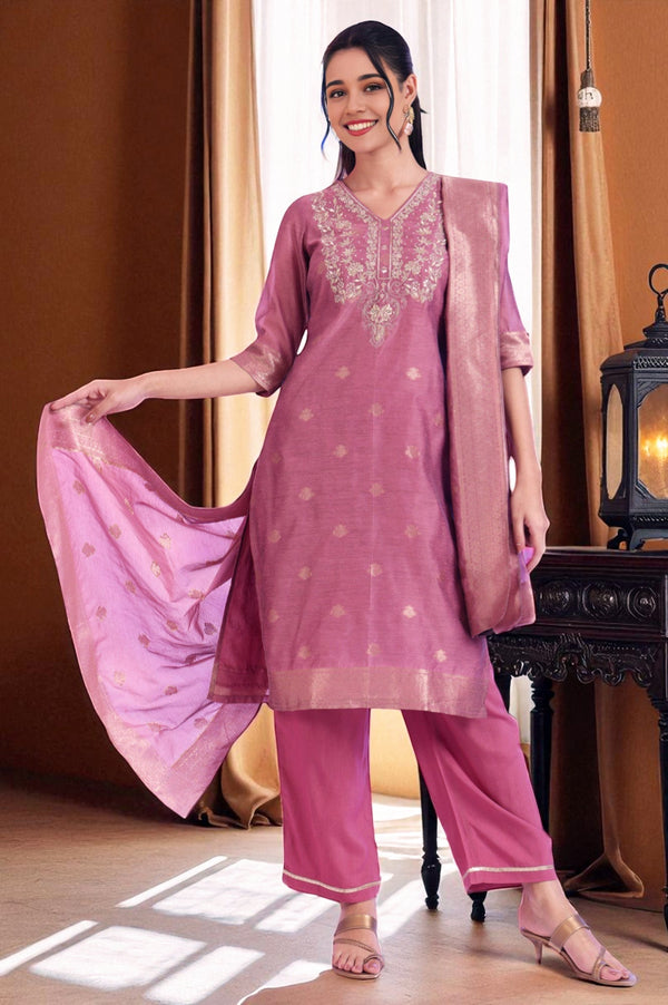 Aurelia Purple Yarn Dyed Straight Kurta with Palazzos & Dupatta Set