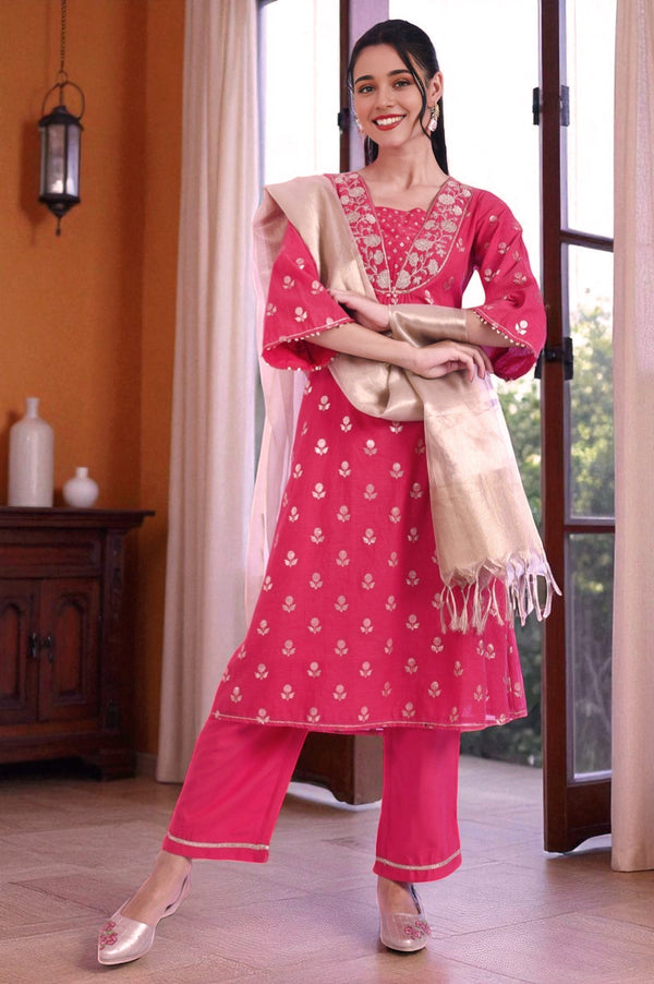 Pink Yarn Dyed Blend A-Line Kurta with Palazzos & Dupatta Set