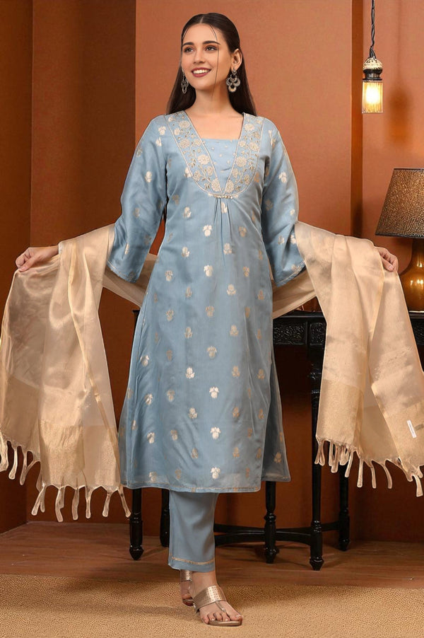 Powder Blue Dori Embroidered A-line Kurta, Palazzos and Dupatta Set