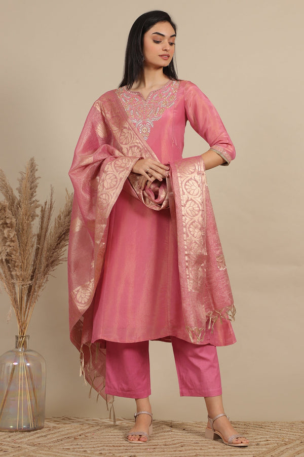 Pink Zari Embroidered Tissue Flared Kurta and Palazzo and Dupatta Set