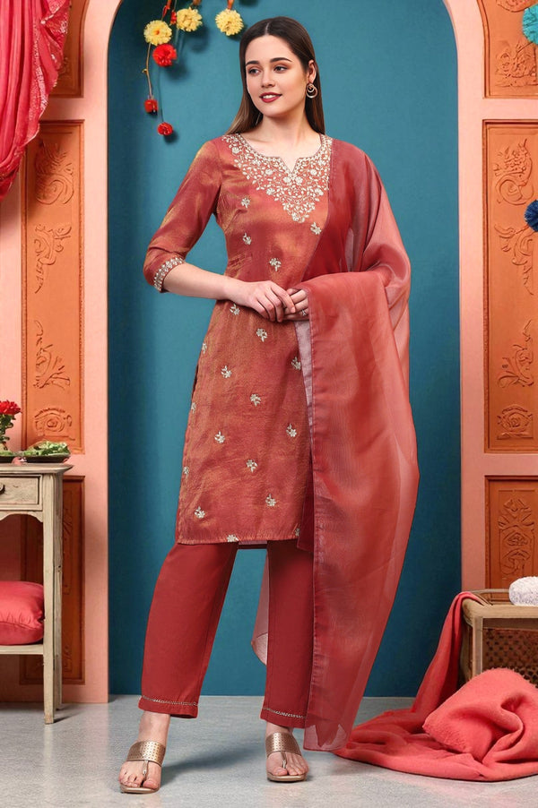 Brown Zari Embroidered Festive Straight Kurta, Palazzo Set with Dupatta