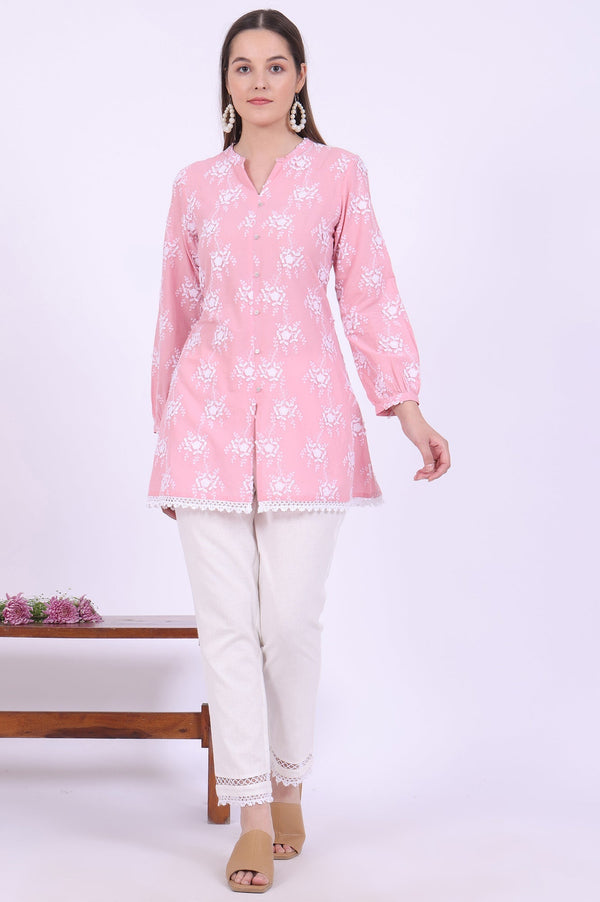 Pink Embroidered Pure Cotton Kurti & Trousers Set