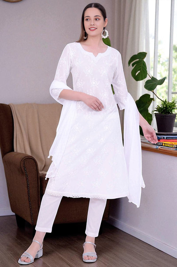 White Embroidered Pure Cotton A-Line Kurta with Trousers & Dupatta Set