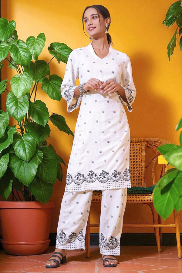 Off-White Schiffli Embroidered Pure Cotton Straight Kurta and Palazzo Co-ord Set