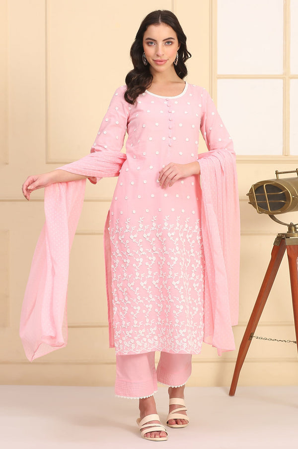 Powder Pink Solid Schiffli Embroidered Straight Cotton Kurta, Palazzos and Dupatta Set