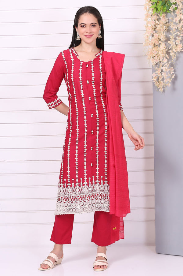 Red Schiffli Embroidered Pure Cotton Straight Kurta, Trousers and Dupatta Set