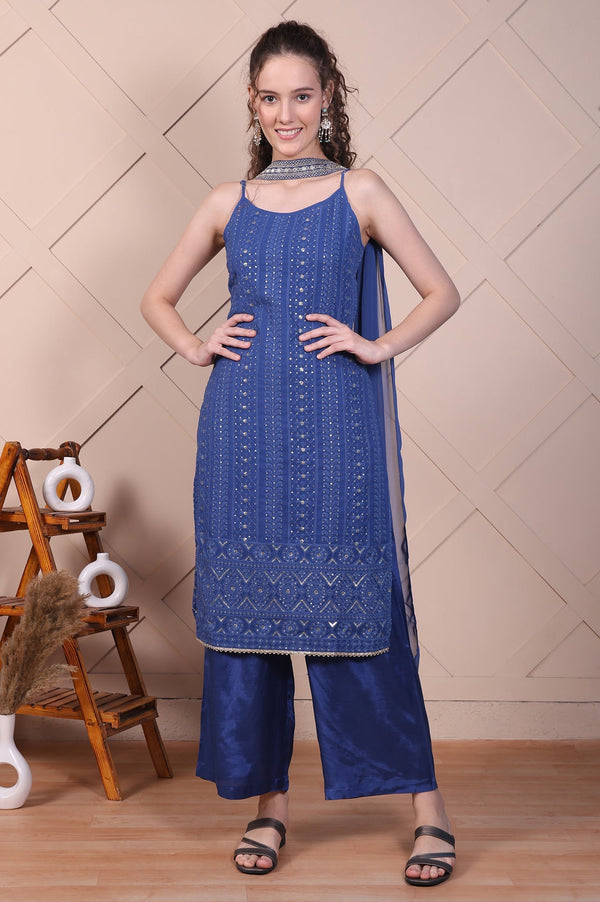 Blue Embroidered Spaghetti Strap Kurta, Palazzo and Dupatta Set