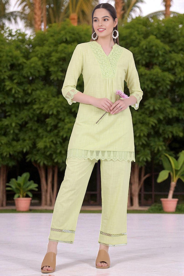 Green Solid Pure Cotton A-Line Kurta & Palazzos Set